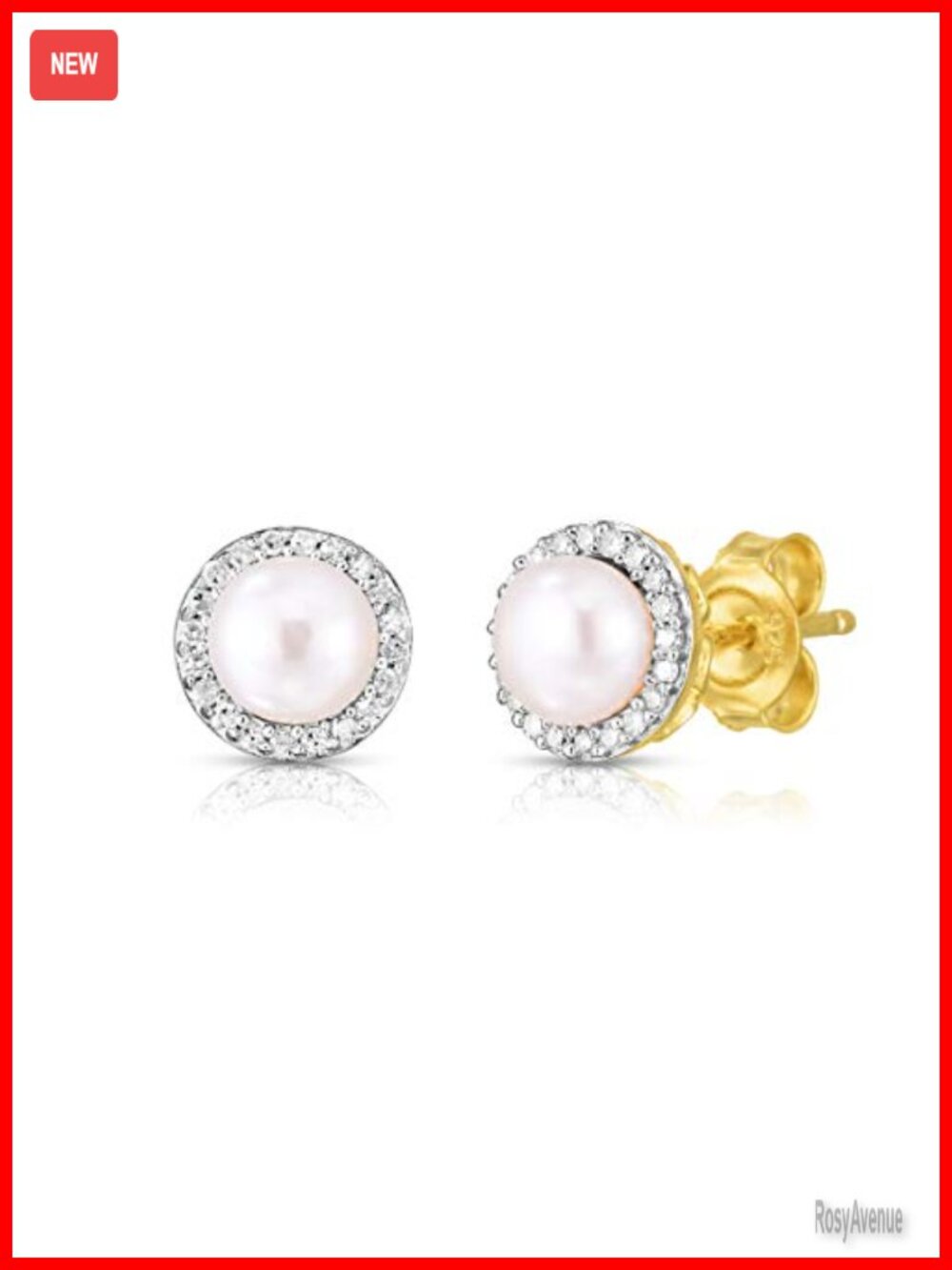 Pearl Halo Birthstone Stud Earrings 14K Yellow Gold Plated Silver Diamond